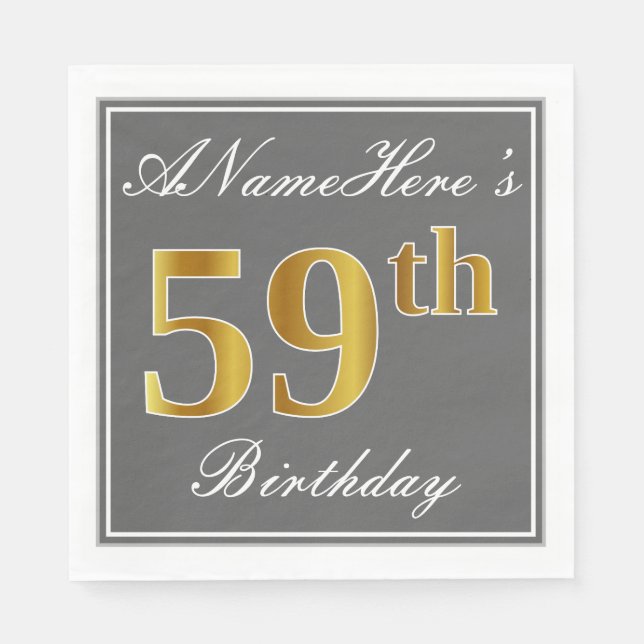 Elegant Grey, Faux Gold 59th Birthday; Custom Name Napkin (Front)