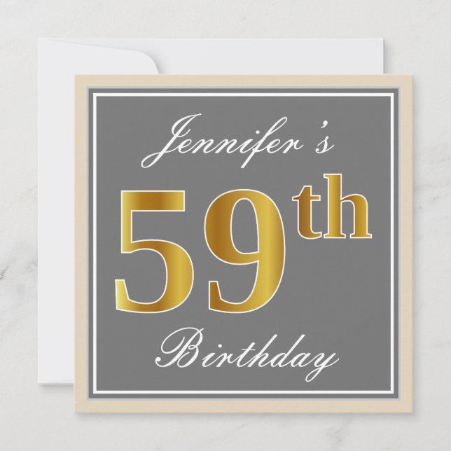 Elegant, Grey, Faux Gold 59th Birthday + Name Invitation (Front)