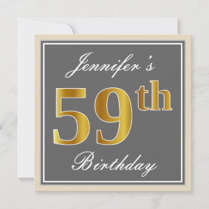 Elegant, Grey, Faux Gold 59th Birthday + Name Invitation