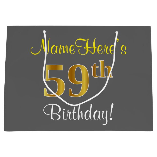 Elegant, Grey, Faux Gold 59th Birthday + Name Large Gift Bag (Front)