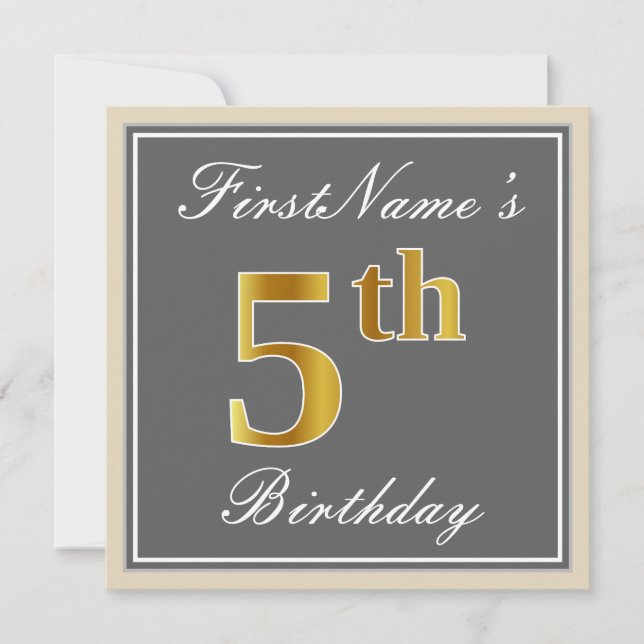 Elegant, Grey, Faux Gold 5th Birthday; Custom Name Invitation (Front)
