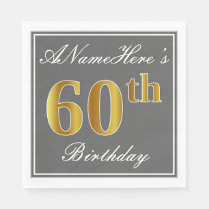 Elegant Grey, Faux Gold 60th Birthday; Custom Name Napkin