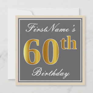 Elegant, Grey, Faux Gold 60th Birthday + Name Invitation