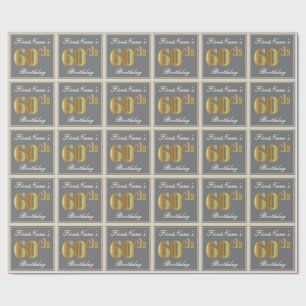 Elegant, Grey, Faux Gold 60th Birthday + Name Wrapping Paper