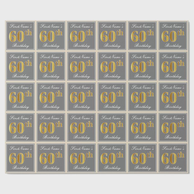 Elegant, Grey, Faux Gold 60th Birthday + Name Wrapping Paper (Flat)