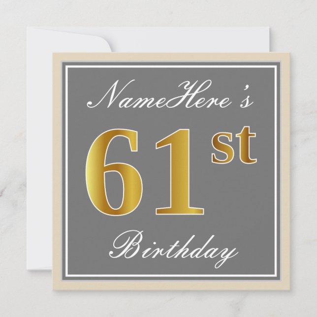 Elegant, Grey, Faux Gold 61st Birthday + Name Invitation (Front)