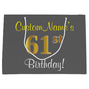 Elegant, Grey, Faux Gold 61st Birthday + Name Large Gift Bag