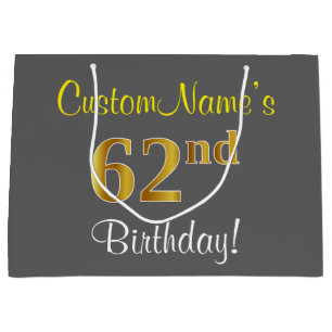Elegant, Grey, Faux Gold 62nd Birthday + Name Large Gift Bag