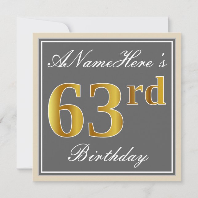 Elegant, Grey, Faux Gold 63rd Birthday + Name Invitation (Front)