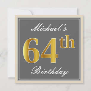 Elegant, Grey, Faux Gold 64th Birthday + Name Invitation