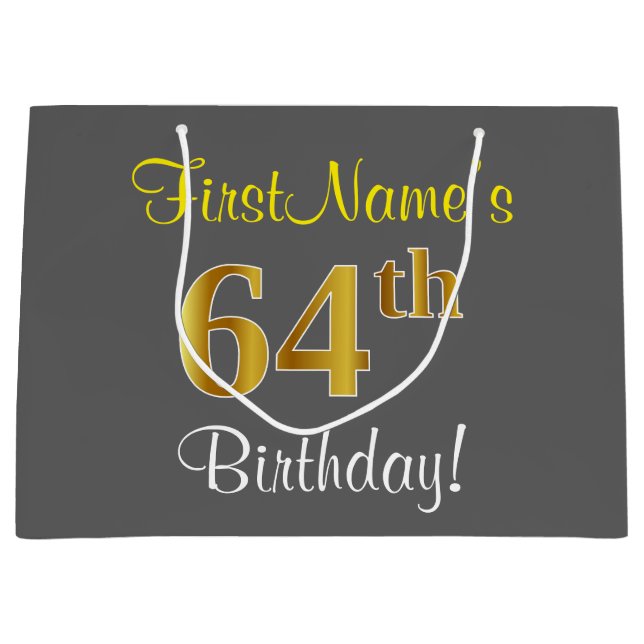 Elegant, Grey, Faux Gold 64th Birthday + Name Large Gift Bag (Front)