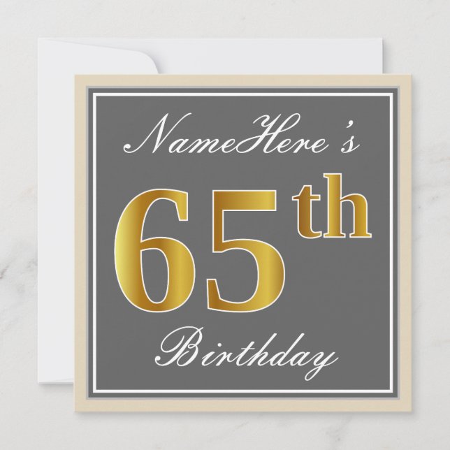 Elegant, Grey, Faux Gold 65th Birthday + Name Invitation (Front)