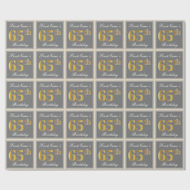 Elegant, Grey, Faux Gold 65th Birthday + Name Wrapping Paper (Flat)