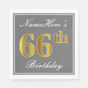 Elegant Grey, Faux Gold 66th Birthday; Custom Name Napkin