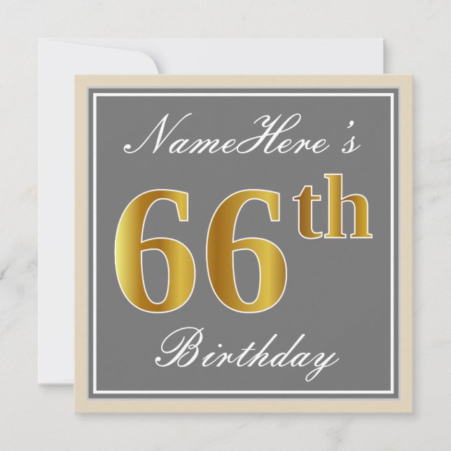 Elegant, Grey, Faux Gold 66th Birthday + Name Invitation (Front)