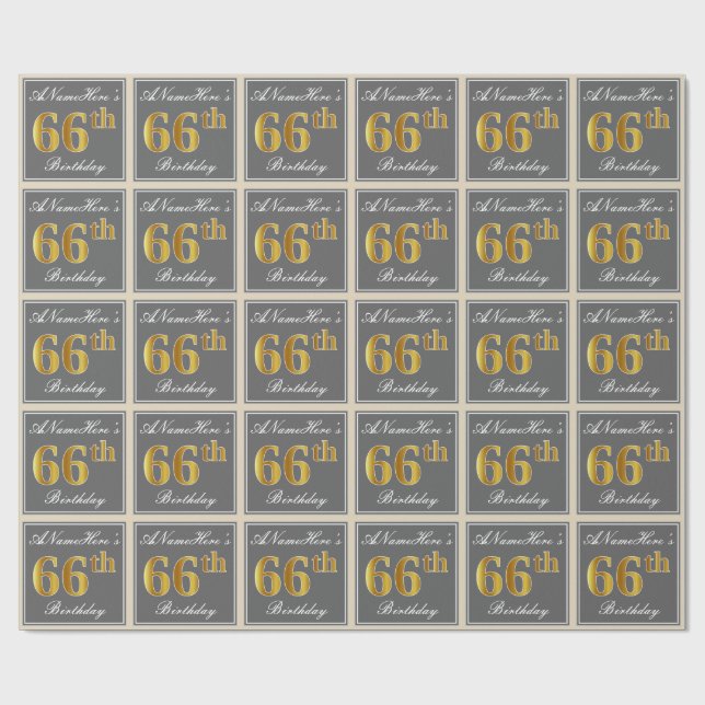 Elegant, Grey, Faux Gold 66th Birthday + Name Wrapping Paper (Flat)