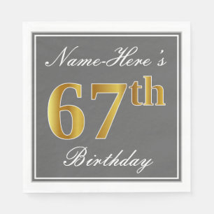 Elegant Grey, Faux Gold 67th Birthday; Custom Name Napkin