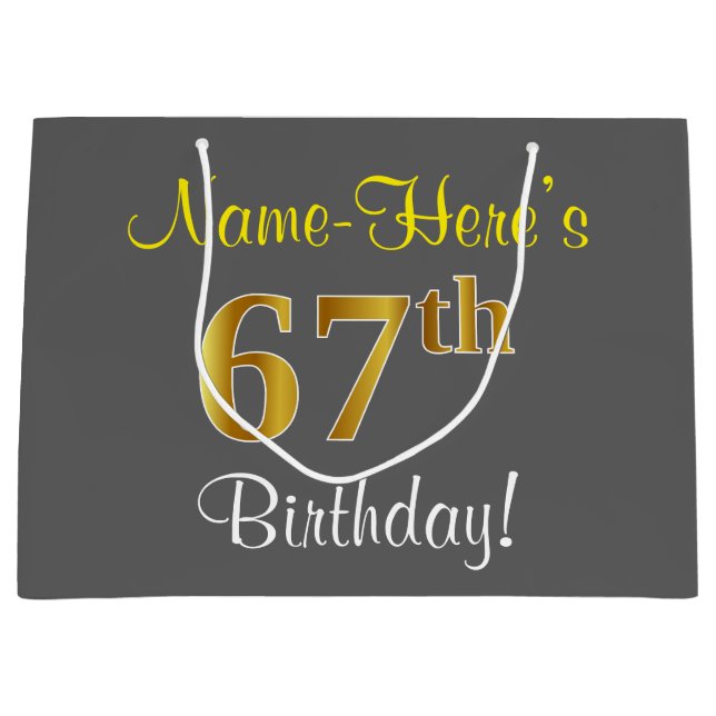 Elegant, Grey, Faux Gold 67th Birthday + Name Large Gift Bag (Front)