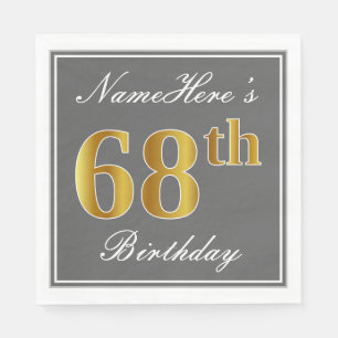 Elegant Grey, Faux Gold 68th Birthday; Custom Name Napkin