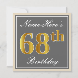 Elegant, Grey, Faux Gold 68th Birthday + Name Invitation