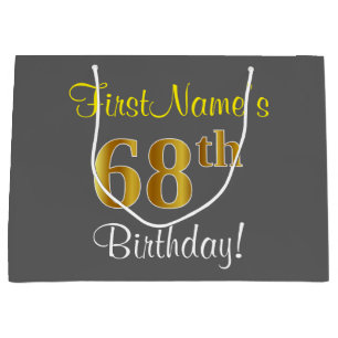 Elegant, Grey, Faux Gold 68th Birthday + Name Large Gift Bag