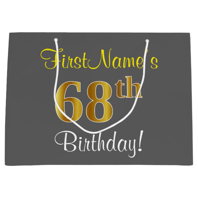 Elegant, Grey, Faux Gold 68th Birthday + Name Large Gift Bag (Front)