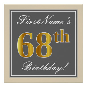 Elegant, Grey, Faux Gold 68th Birthday + Name Poster