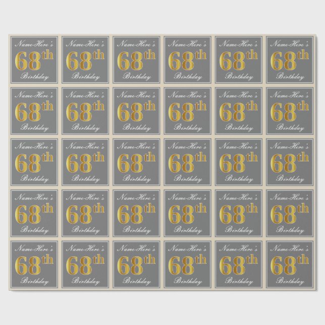 Elegant, Grey, Faux Gold 68th Birthday + Name Wrapping Paper (Flat)