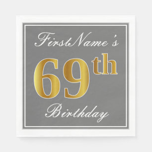 Elegant Grey, Faux Gold 69th Birthday; Custom Name Napkin