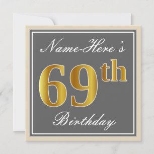 Elegant, Grey, Faux Gold 69th Birthday + Name Invitation