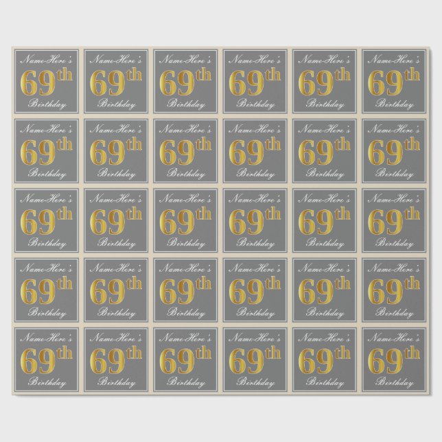 Elegant, Grey, Faux Gold 69th Birthday + Name Wrapping Paper (Flat)