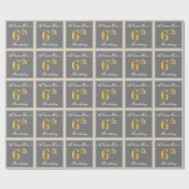 Elegant, Grey, Faux Gold 6th Birthday; Custom Name Wrapping Paper (Flat)