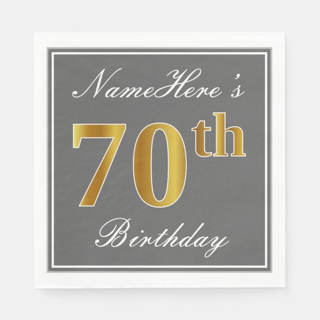 Elegant Grey, Faux Gold 70th Birthday; Custom Name Napkin (Front)