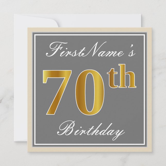 Elegant, Grey, Faux Gold 70th Birthday + Name Invitation (Front)