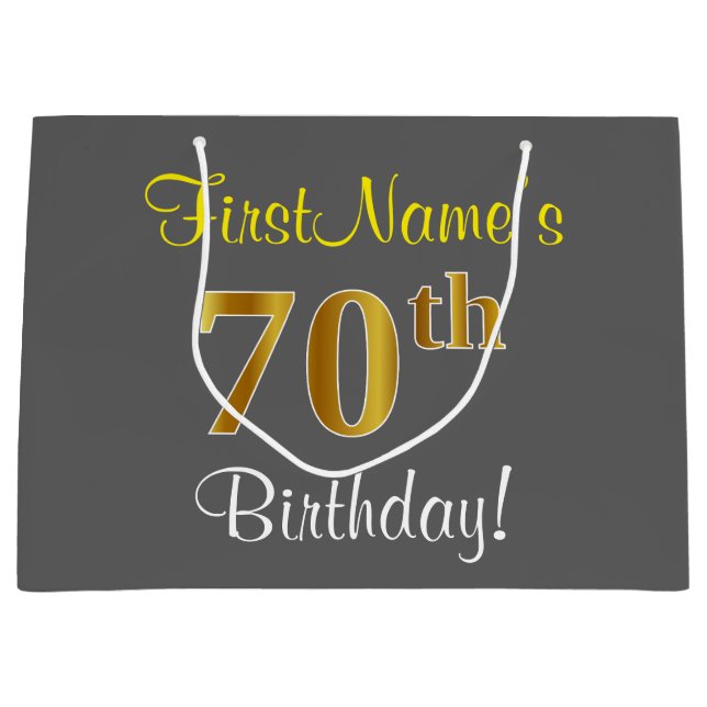 Elegant, Grey, Faux Gold 70th Birthday + Name Large Gift Bag (Front)