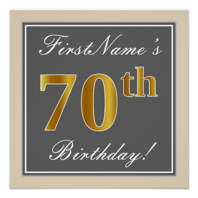 Elegant, Grey, Faux Gold 70th Birthday + Name Poster (Front)