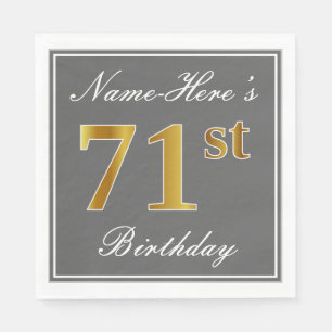 Elegant Grey, Faux Gold 71st Birthday; Custom Name Napkin
