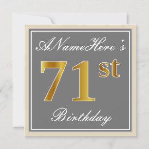 Elegant, Grey, Faux Gold 71st Birthday + Name Invitation