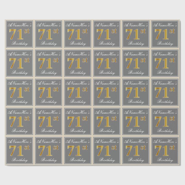 Elegant, Grey, Faux Gold 71st Birthday + Name Wrapping Paper (Flat)
