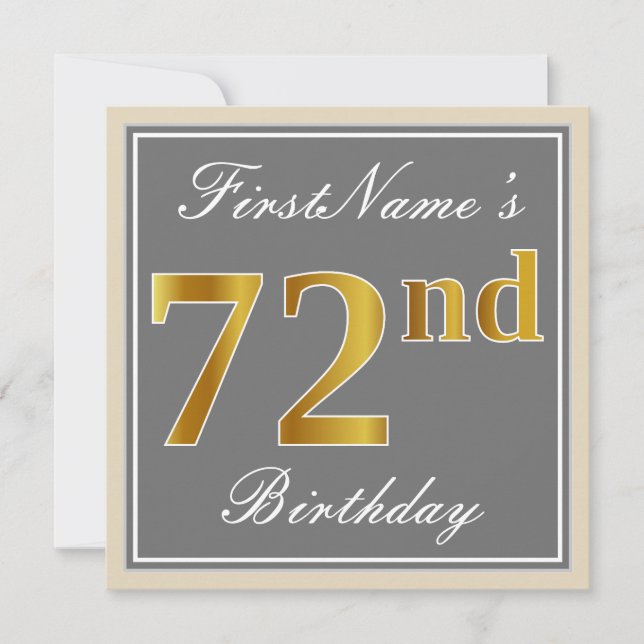 Elegant, Grey, Faux Gold 72nd Birthday + Name Invitation (Front)