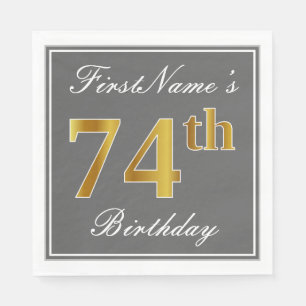Elegant Grey, Faux Gold 74th Birthday; Custom Name Napkin