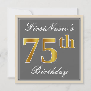 Elegant, Grey, Faux Gold 75th Birthday + Name Invitation