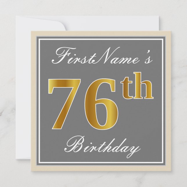 Elegant, Grey, Faux Gold 76th Birthday + Name Invitation (Front)