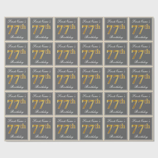 Elegant, Grey, Faux Gold 77th Birthday + Name Wrapping Paper (Flat)