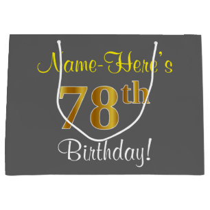 Elegant, Grey, Faux Gold 78th Birthday + Name Large Gift Bag