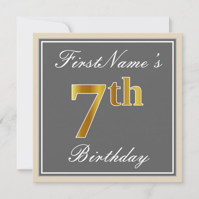 Elegant, Grey, Faux Gold 7th Birthday; Custom Name Invitation (Front)