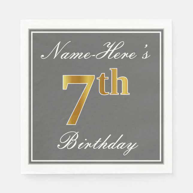 Elegant Grey, Faux Gold 7th Birthday + Custom Name Napkin (Front)