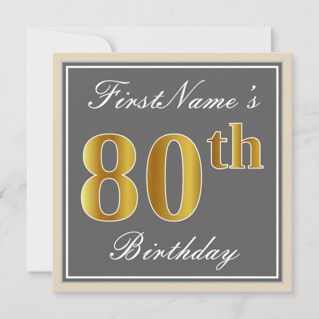 Elegant, Grey, Faux Gold 80th Birthday + Name Invitation (Front)