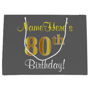 Elegant, Grey, Faux Gold 80th Birthday + Name Large Gift Bag