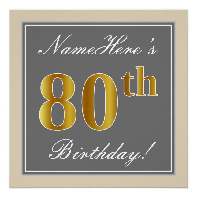 Elegant, Grey, Faux Gold 80th Birthday + Name Poster (Front)